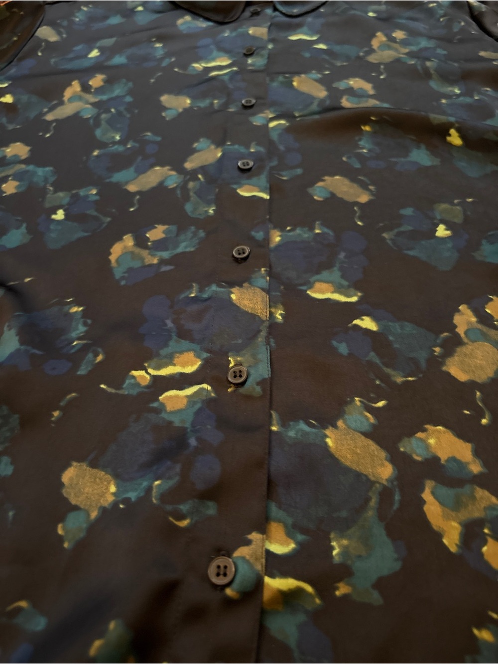 SZ L NORDSTROM DARK EMERALD GREEN WATERCOLOR SILKY BUTTON DOWN BUSINESS CASUAL - Picture 7 of 7